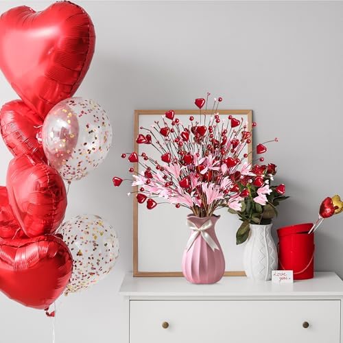 Valentine’s Day Gifts 12 Pcs Heart Shaped Berry Picks Artificial Red Heart Berry Twigs Forsythia Stem Branches with Pink Flowers for Valentine’s Day Anniversary Flower Bouquets Wedding Home Decor