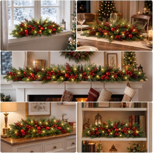 Yalikop 2 Pcs 24.5 Inch Christmas Swags with Light, Ball and Berry