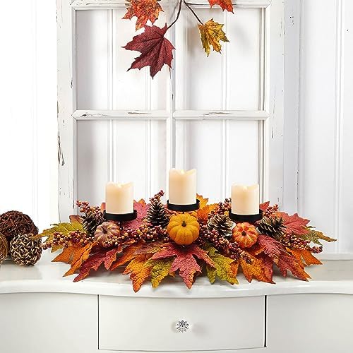 Fall Centerpiece Table Decorations, 27.5'' L Assorted Artificial Pumpkins, Pine Cones, Berries, and Autumn Leaves Harvest Table Candle Holder for Dinning Table, Fireplace Mantel (Candle Not Included)