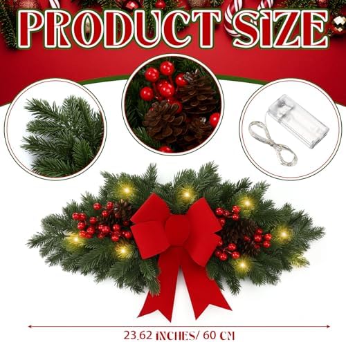 Yalikop 1 Pcs 24.5 Inch Christmas Swags with Light, Red Bow and Berry