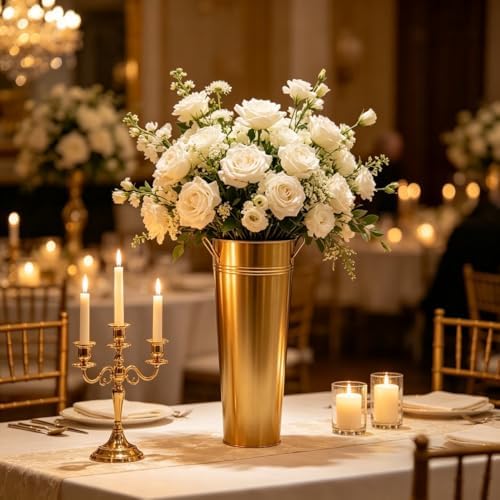 Hosley Set of 2 Gold Metal French Bucket with Handles & PVC Liner, 6" Dia x 15" H for Weddings, Parties, Country Picnics, Floral Arrangements, Tableware Storage, or Gardens - Rustic Farmhouse Décor