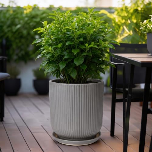 Deep Dream 10 Inch Ceramic Pots for Plants, Heavy Plant Pot for Indoor Outdoor Plants, Large Plant Pot with Drainage Hole and Saucer, Modern Tall Flower Pot, Gifts for Plant Lovers, Grey