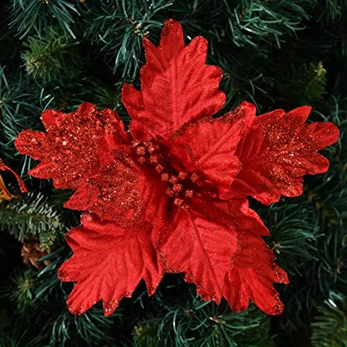 10 PCS Glitter Poinsettias, 9.4" Artificial Christmas Flowers, Red