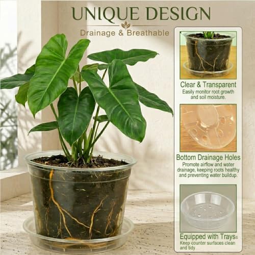 4 Sets 10 Inch Large Clear Nursery Pots with Drainage Holes