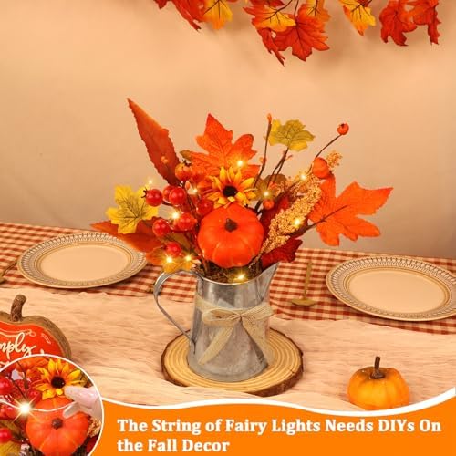 [Light & Timer] Fall Decor Table Centerpiece Rustic Metal Milk Jug with Artificial Orange Maple Tree Pumpkin Sunflower Wheat, Fall Floral Arrangement Decoration for Home Kitchen Autumn Thanksgiving