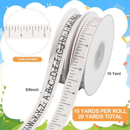 Wavwavw 20 Yards Teacher Alphabet Ruler Cotton Ribbon, Natural 5/8 Inch 100% Cotton Herringbone Twill Ribbon for Crafts Gift Wrapping Holiday Birthday Decorations, 2 Rolls