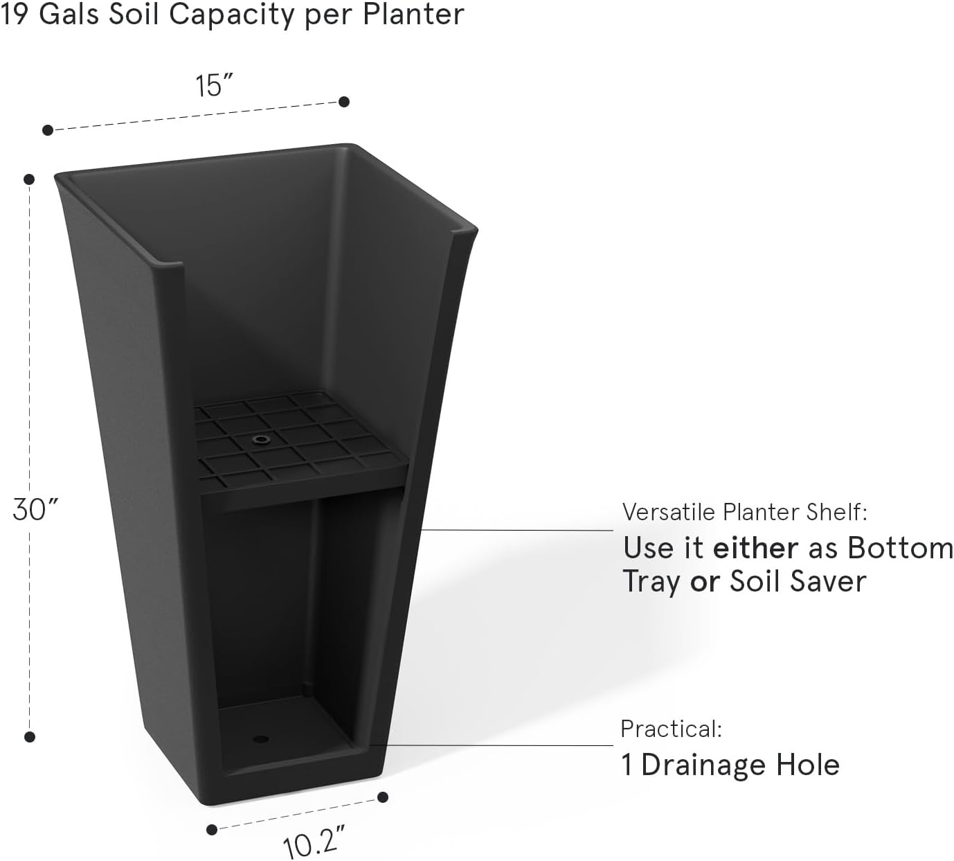 LA JOLIE MUSE Tall Outdoor Large Rectangular Planters Set of 2, 30 Inch | Tall Black Planters with Shelf Insert, Extra
