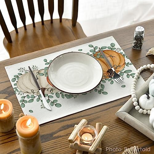 Artoid Mode Orange Pumpkin Eucalyptus Fall Placemats Set of 6, 12x18 Inch Seasonal Table Mats for Table Runner Party Kitchen Dining Decoration