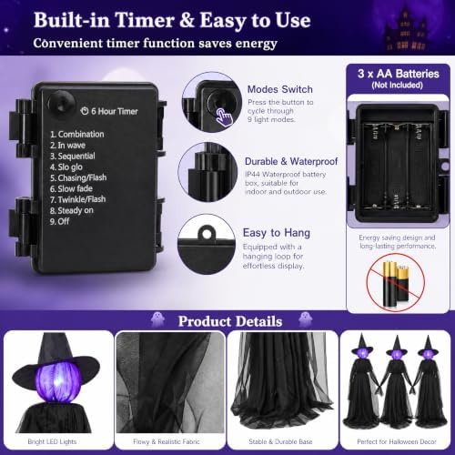 Dazzle Bright Halloween Witch Decorations Outdoor, 5 FT Set of 3 Light Up Head Holding Hands Witch with Stakes, Waterproof Witch Decor for Garden Yard Lawn Haunted House Decor