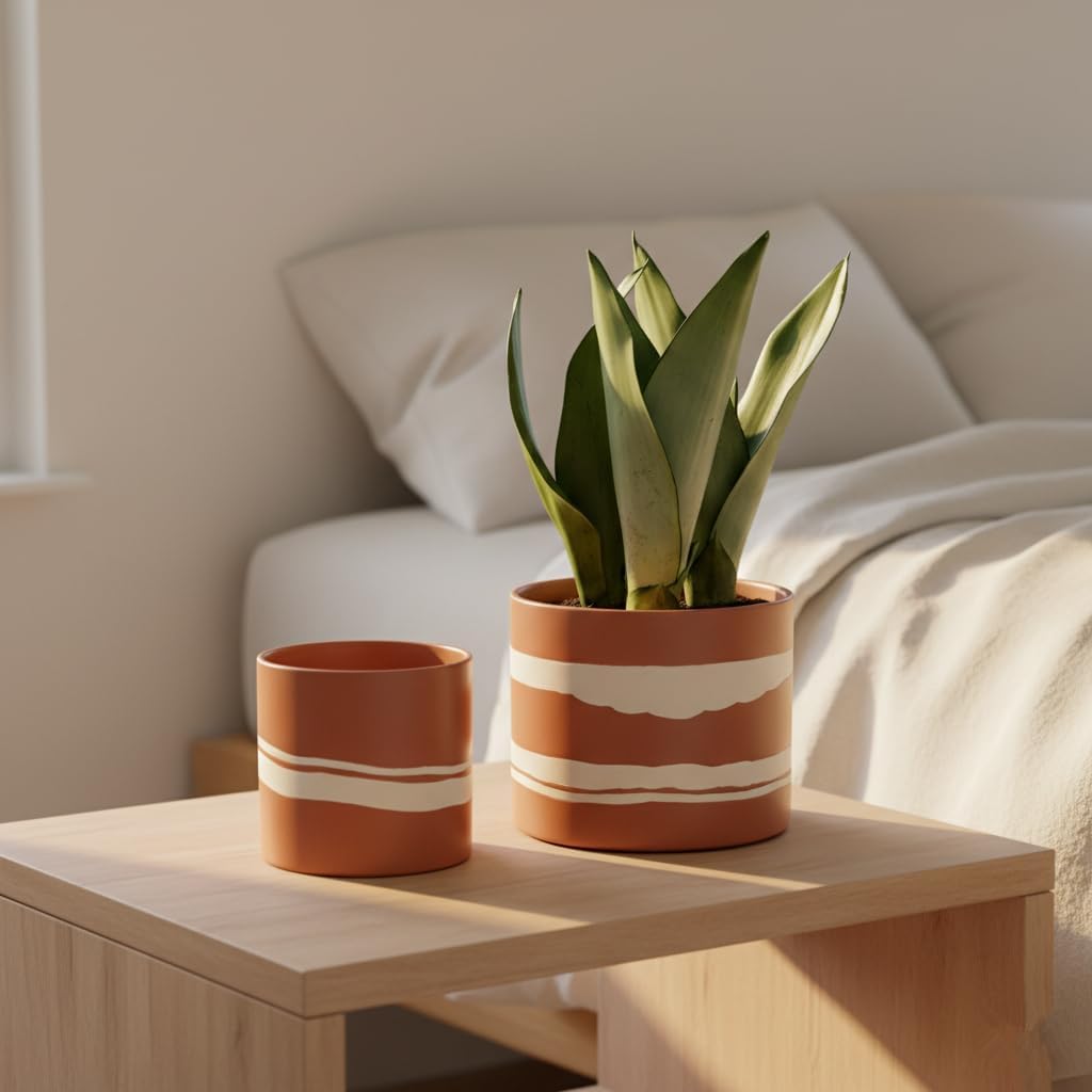 Nihow Ceramic Modern Plant Pot with Drainage for Indoor Plants,5+7 inch | set of 2, Terracotta,Cylinder Flower Pot with