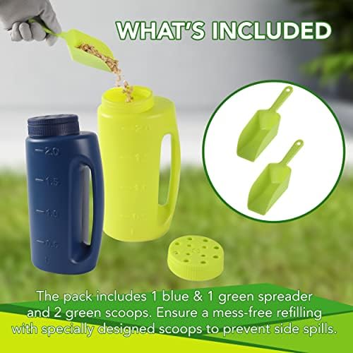 (2-Set) Multipurpose 2L Handheld Spreaders (Blue and Green) - Handheld Shakers for Seeds, Fertilizer, Salt, and More - With an Adjustable Dial for 7 Opening Modes - Includes 2 Scoops (Green)