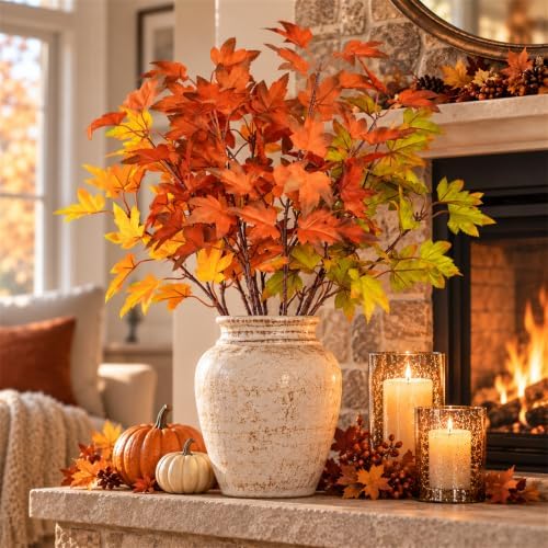 16Pcs Artificial Maple Leaves Branches, 21.6in Fall Leaves Stems