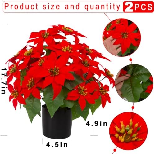 Daynight 2Pcs Christmas Artificial Poinsettias with Pot, 17.7"