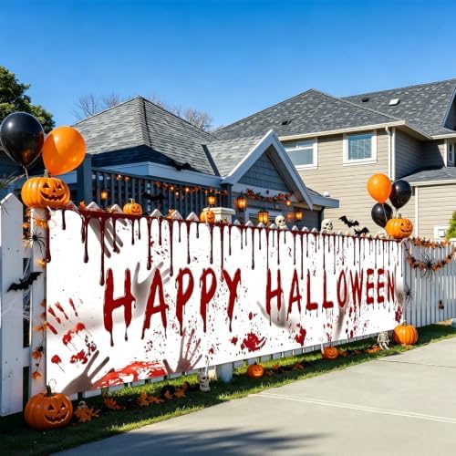 118"x35" Extra Large Happy Halloween Banner Big Spooky Halloween Backdrop for Giant Outdoor Yard Easy Hang with Ropes&Grommets–Perfect for Fence, Porch, Garden, Haunted House Party Signs (Bloody Hand, 118"x35")