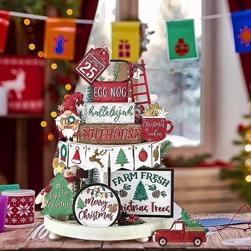 Fairysandy 15 Pcs Christmas Tiered Tray Decor, Rustic Farmhouse Gnome Sign