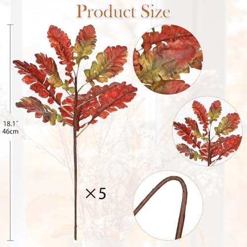 Faux Oak Leaf Branches 5 Pcs Fall Leaf Stems for Vases, 18" Fall Leaves Stems Artificial Oak Branches, Faux Oaks Branch for Autumn Decor Farmhouse Thanksgiving Centerpiece Halloween Decoration, Red