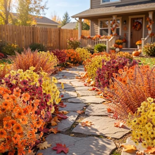 Bassion Artificial Fall Mums for Outdoors Decor, 16 Pcs Fake Fall Flowers
