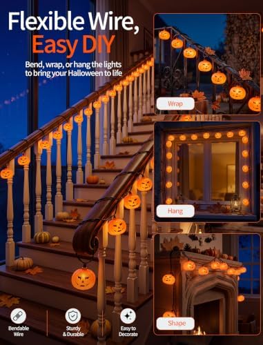 Abeja Halloween Pumpkin String Lights, 8.5FT 10 LED Jack-O-Lantern Lights