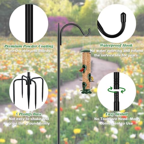 FEED GARDEN Short Shepherds Hooks for Outdoor, 48 Inch Bird Feeder Pole with 5 Prongs Base, Heavy Duty Shepherds Hook Garden Hook for Hummingbird Feeder, Hanging Lantern, Plant Baskets,1 Pack