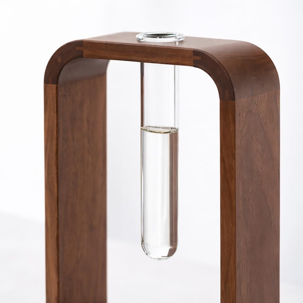 Modern Wooden Frame Glass Vase Hydroponic Planter – Minimalist Square Propagation Station with Test Tube Vase – Indoor