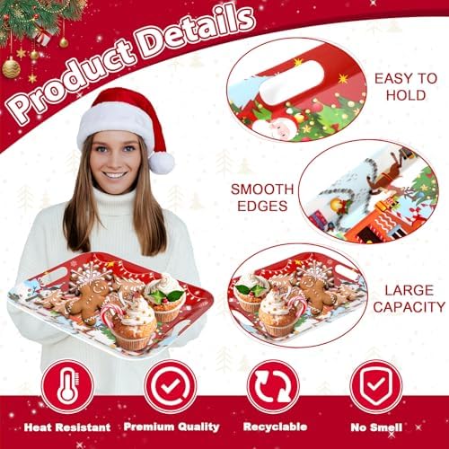 gisgfim 2PCS Christmas Serving Tray with Handles 16 X 11 Inch Large Melamine Platter Serving Dishes Rectangular Xmas Tree Santa Snowman Gingerbread House Food Tray for Snack Cookie Candy Dessert Plate