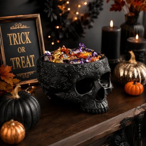 Halloween Skull Trick Or Treat Bowl Black Skeleton Planter Gothic Candy Pot