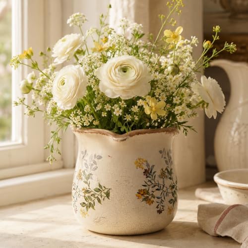 Ceramic Flower Vase, Rustic Farmhouse Vases & Planting Pots with Drainage