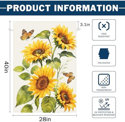 Summer Sunflower Garden Flag 28 x 40 Inch Double Sided Spring Yellow Flower Yard Flags Large Size Floral Summer Seasonal Outdoor Decor Farmhouse Small Flag for Lawn Outside