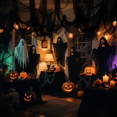 6 Pack Halloween Black Gauze Wall Decor,Outdoor Halloween Fake Spider Web Decorations Webbing,Cobwebs Mesh Spooky Fabric,30X72 in Black Cheesecloth for Haunted House Indoor Creepy Cloth Backdrop (6)