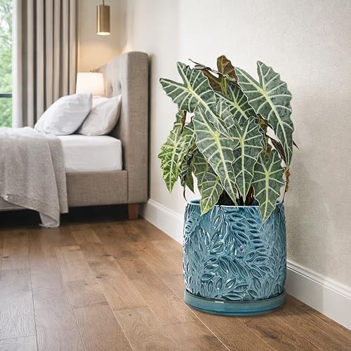 D'vine Dev Embossed Leaves Ceramic Planter, 10 in, Ocean Teal, 27-A-P-8