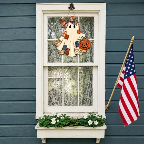 Patchwork Ghost Wood Door Hanger, Halloween Pumpkin Basket Farmhouse Sign