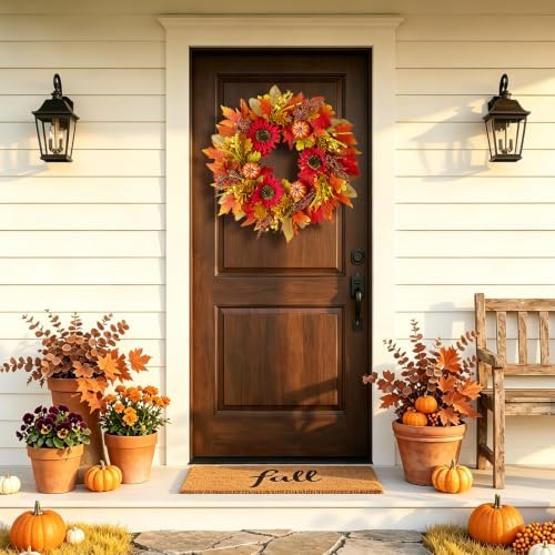 Fall Wreath for Front Door, Autumn Thanksgiving Sunflower Wreath Fall Decor