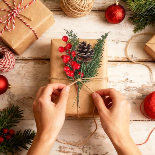 80pcs Artificial Christmas Pine Branches with Red Berry Stem Pine Cone Stem Norfolk Pine Stem Christmas Greenery Floral Pick for Christmas Tree Wreath Garland DIY Crafts Xmas Home Decoration