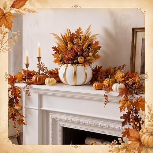 Beeveer 3.7 Inch Ceramic Pumpkin Vase, White and Gold Striped Flower Vase