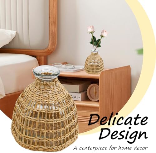 Flower Vases with Rattan Cover, Straw Woven Glass Vase, Rattan Woven Vase Decorative, Glass Flower Vase, Boho Glass Flower Vase, Vase for Home Flower Arrangement Table Decoration, 5.3''X3.5'',D Style