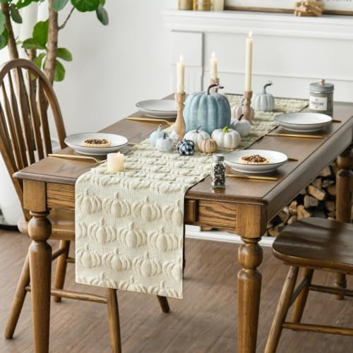 Artoid Mode Beige Soft Faux Fur Pumpkins Fall Table Runner 13x72 Inch