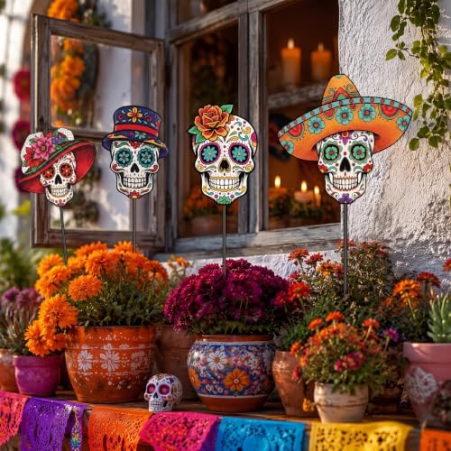 Chunful 4 Pcs Day of The Dead Decorative Garden Stake Sugar Skull Halloween