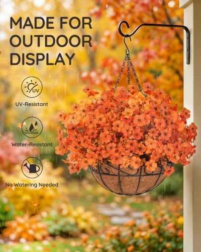 Artificial Fake Orange Fall Mums Flowers Planter Hanging Basket for Outdoor
