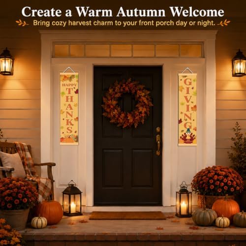 Happy Thanksgiving Door Banner Set of 2, Turkey Leaf Porch Decor for Home