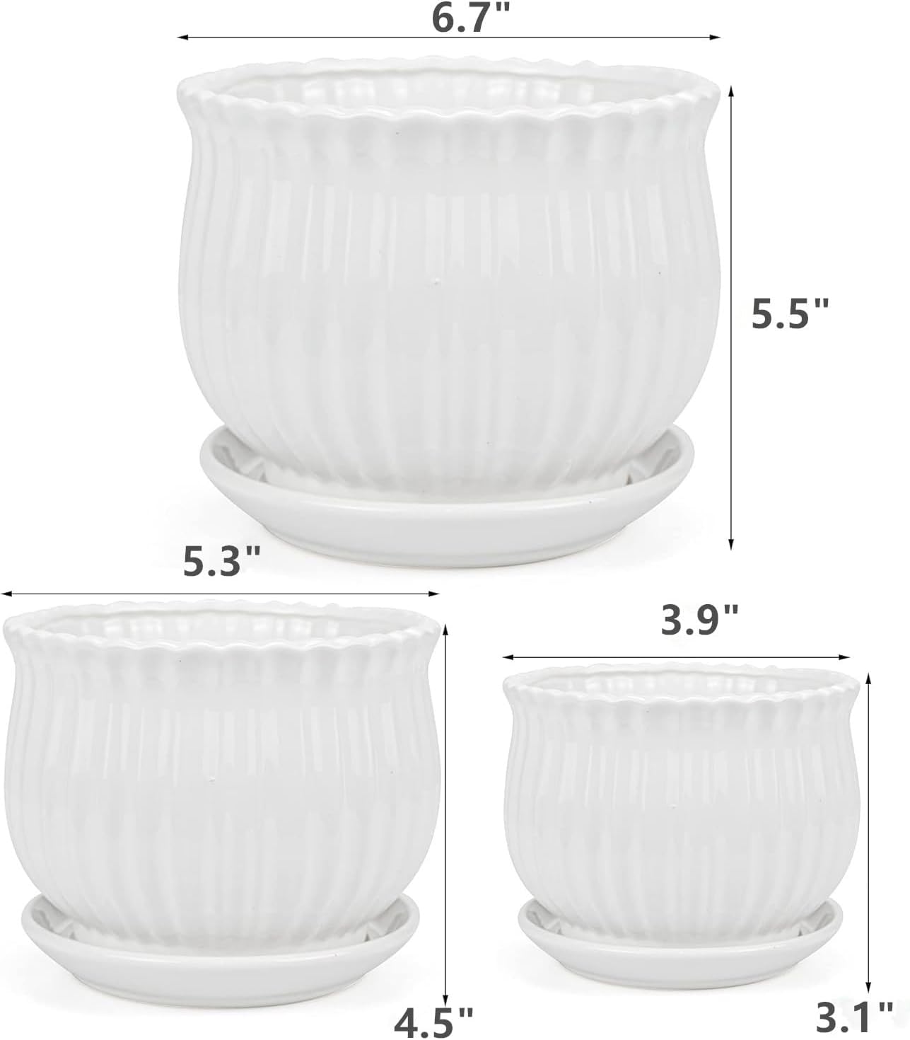 Yesland 3 Pack Ceramic Planter Pots, 3.9"/5.3"/6.7" Modern Round Flower Pots with Drainage Holes & Saucers, Small