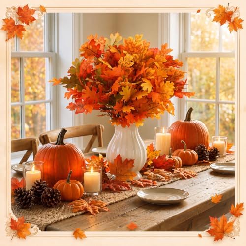 Tigeen 8Pcs Fall Leaves Faux Maple Leaves Stems Thanksgiving Decor, Retro