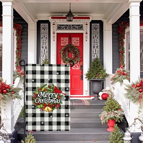 Xmas Garden Flag 12x18 Inch Black White Buffalo Plaid Small Flags for Outside Winter Holiday Welcome Garden Flags Double Sided Christmas Decor for Outdoor Garden Yard