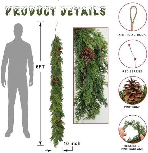 6 Ft Real Touch Christmas Garlands Thick Soft Bendable Pine Cedar Garland