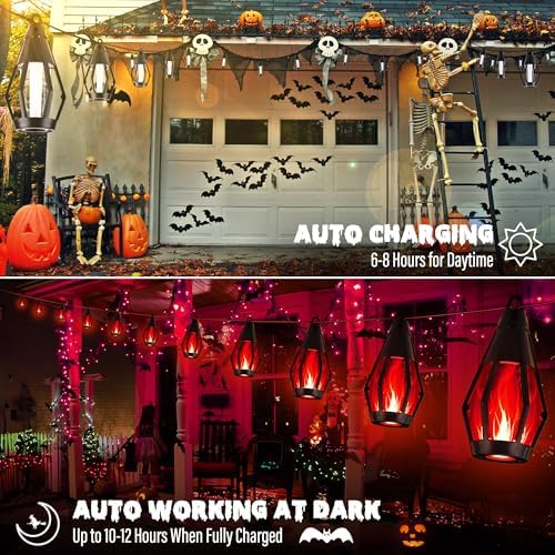 iBaycon 42FT 15 LED Solar Flame Halloween String Lights Outdoor, Red