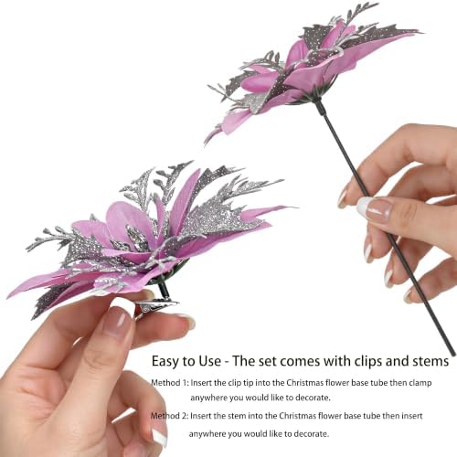 15PCS Artificial Christmas Poinsettia Flowers with Clips and Stems, 5.5 Inch Glitter Pink Xmas Tree Decorations, Holiday Poinsettia Picks Ornaments for Christmas Tree, Wreaths, Garlands & Home