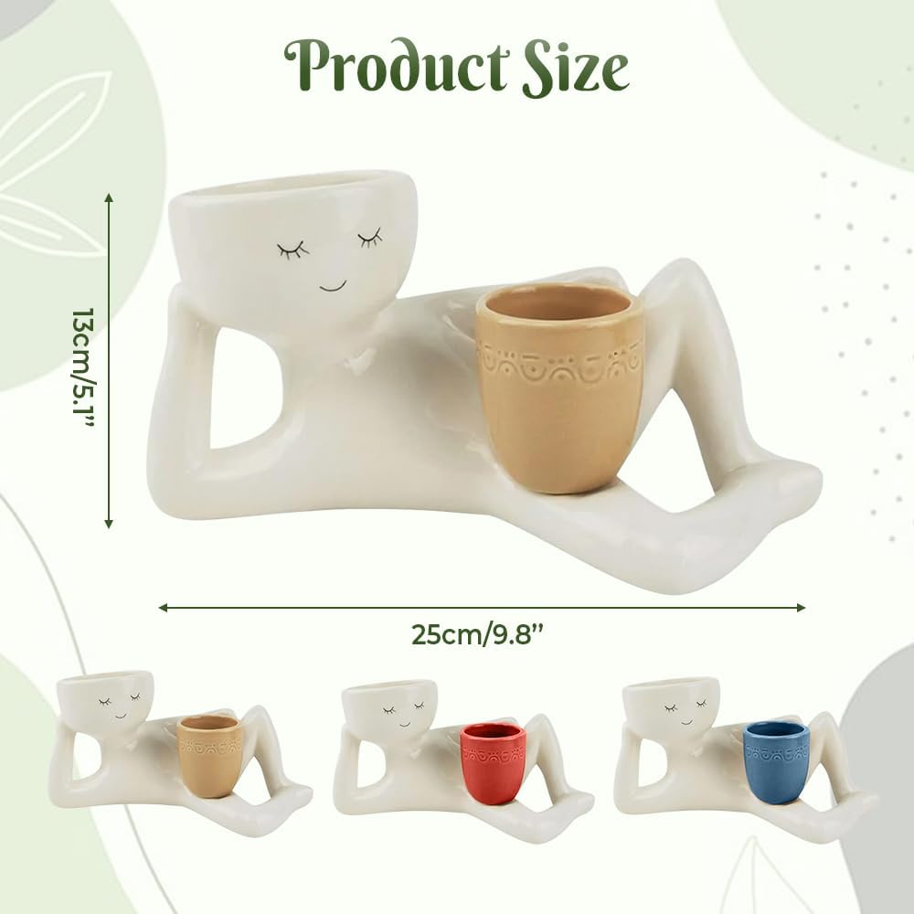 2026 New Lazy Guy Sleepy Face Planter, Funny Flower Plant Potswith Double Flower Pot for Indoor Plants, Side Lying