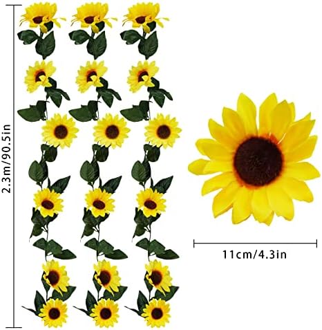 Uieke 3 Pack Artificial Sunflower Garland, 7.5ft/Strand Silk Sunflowers Hanging Vines Flowers with Green Leaves for Room Kitchen Garden Birthday Wedding Baby Shower Party Table Decor Large