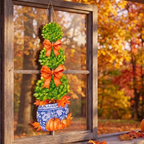 RattanView Large Size Fall Chinoiserie Pumpkin Bow Bonsai Door Hanger