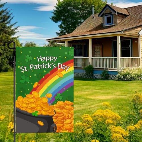 St Patricks Day Garden Flags 12x18 Inch Lucky Rainbow Shamrock Garden Flag Double Sided Gold Coin Spring Outdoor Decor Yard Flags for Outside Lawn Holiday