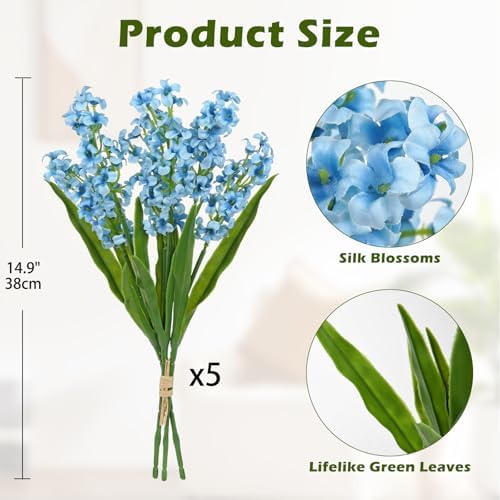 Oairse 5Pcs Small Artificial Flowers, Silk Blue Flowers with Stems Faux Hyacinth Flower for Centerpiece Spring Floral Stems for Vases Fillers Farmhouse Fake Wildflowers for Home Kitchen Table Decor